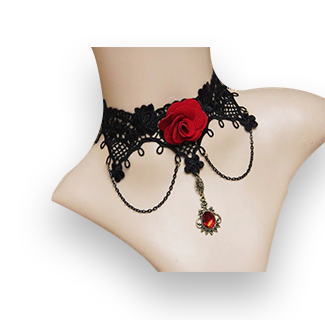 Gothic Lolita Fashion: Rosy Black Laced Chocker Neckalce with Red Crystal Pendant
